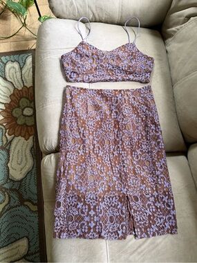 Nasty Gal Lavender Lace Overlay Brown Two-Piece Skirt Set
